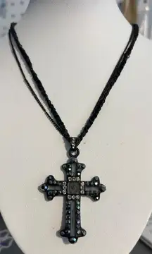 Black Double Chain Necklace Cross Pendant Enamel Rhinestones Goth Emo Adj 19"