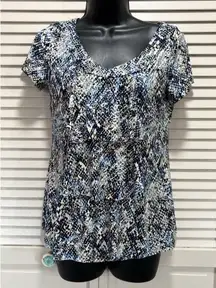 Van Heusen Blue/White/Black Short Sleeve Scoop Neck‎ Ruffle Blouse Size S