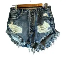 Distressed Denim Shorts Frayed Hem Ripped High Waist‎ Blue Festival Cute