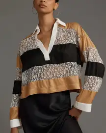 Maeve Anthropologie Lace Long Sleeve Paneled Cropped Rugby Top Black Tan Size S