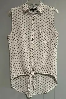 WISHFUL PARK Button Front Skull and Crossbones Print Tie Waist Sheer Top Size L