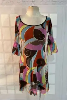 Anthropologie Weston wear  70’s vibe mod graphic print bell sleeve mini dress sma