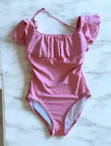 Michael Kors Pink Ruffle Swimsuit Built in Shelf Bra Padded Cups Off Shoulder 6