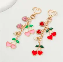 Gold Heart & Cherry Dangle Bag Charm Keychain NWT