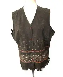 Notations  faux suede Aztec western button front fringed dark green vest NWT XL