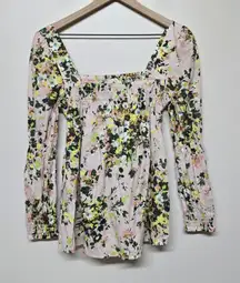 Tuckernuck Floral Smocked Square Neck Peasant Blouse Pink Multicolor Women's S‎