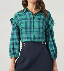 Green Navy Ruffle Sleeve Button Down