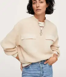 Mango cream sweater with half zip and front pocket detail in beige‎ new with tag