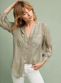 Akemi + Kin Anthropologie Beige Gold Metallic Striped Button Up Blouse 6