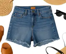 Seven7 Blue Denim Cutoff Shorts Mid Rise Raw Frayed Hem Jean Shorts 4 comfy fit