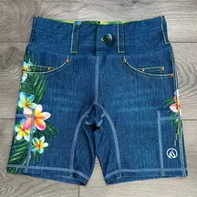 INKnBURN Blue Denim Pocket Graphic Floral Bike Active Shorts Size Small