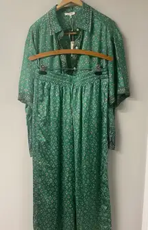 MAX STUDIO 3pc wide leg relaxed fit Green set button up top relaxed bottoms SZ L