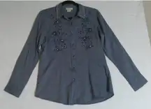 Ariat‎ Womens Medium Chambray Blue Embellished Top Button Blouse Western Rodeo