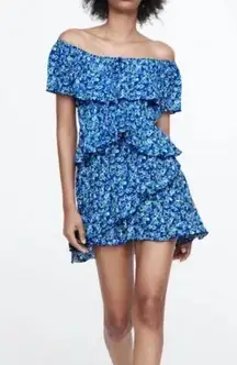 Zara Tiered Blue Floral Off the‎ Shoulder Jumpsuit Romper MEDIUM Preppy Ruffles