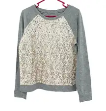 Loft Size Medium Sweater Gray Lacey Front Pullover Casual Cute Cottagecore Cozy‎