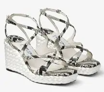 Jimmy Choo Ayla 110 Snakeskin Leather Raffia Strappy Platform Wedge Sandals 39