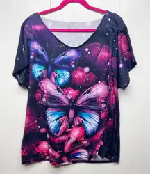 Butterfly Print Women's Short Sleeve Top Size XL Short Sleeve Art to Wear