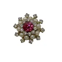 Vintage Pink Rhinestone and Faux Mother of Pearl Metal Brooch Pin