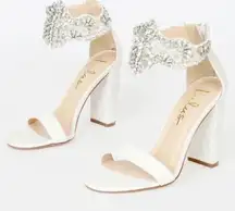 Lulus Dannah High Heels 11 White Suede Rhinestone Pearl Sandals Wedding Bridal
