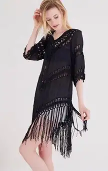 Black Fringe Cover-up Lace Tunic Boho Style Size M