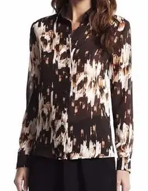Derek Lam Long Sleeve Brown & Tan Print Button Front Top XS