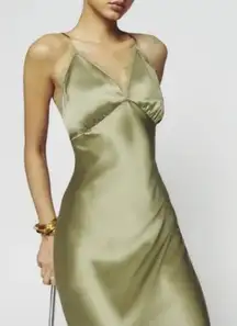 NWT Reformation Maysen Silk Formal Maxi Dress Olive Oil Green