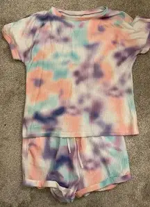 Pastel Blend Tie-Dye Waffle Knit Pajama Lounge Shorts Set, sz L