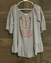 Umgee Boho Blouse Floral Embroidered Off Shoulder Ruffle Gray Sz‎ M Peasant Top