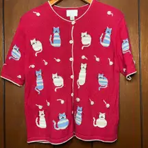 Knit Cats Sweater Button Up Short Sleeves ( Large ) Yarn Kitten Hand Embroidered