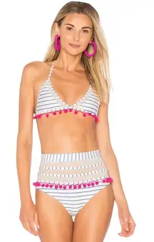 TULAROSA Nina High Waisted Bikini Set Blue White Stripe Pink Pom Poms XS