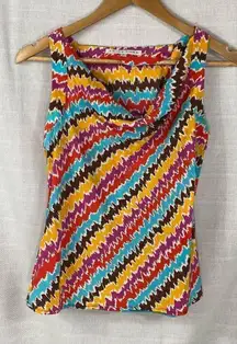 Trina Turk Colorful Silk Zigzag Pattern Cowlneck Sleeveless Blouse Dopamine