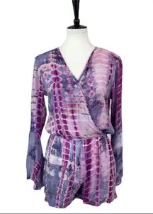 Umgee Romper Wrap Top Boho Purple Tie Dye Long Bell Sleeve Women's Size Small