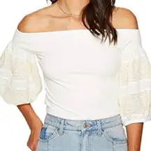Free People “Rock With It Top”  In Ivory Off Shoulder W/Cream Embroidery Size M