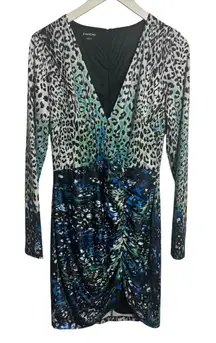 bebe Dress Women M Blue Leopard Lace Trim Long Sleeve Y2K Going Out Club Ruched