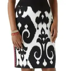 White House Black Market Black White Damask Print Pencil Skirt Red Trim Size 00