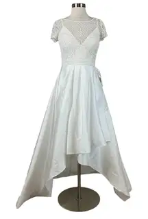 JKara Beaded Satin Short Sleeve High Low Evening Gown White Size 4 Formal Dress