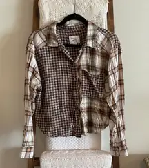 brown & cream plaid patchwork button down shirt