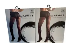 Natori Marylin Sheer Tights Nude Black Size Medium Floral Detail Leg Pair of 2