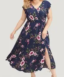 NWT! Dark blue floral ruffle cap sleeve V-neck pocket dress size 14-16 or 1X