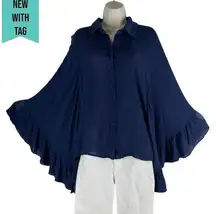 Altar'd State Ruffle Cape Sleeve Button Down Shirt Navy Blue Size XS