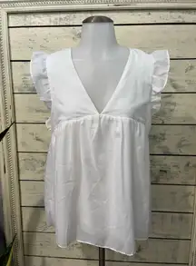 NWT Mustard Steed White Ruffle Sleeve V-Neck Baby Doll Top Size Small