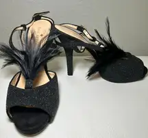 Kate Spade Glitter Feather Black Open Toe Slingback Pumps Heels‎ Size 7