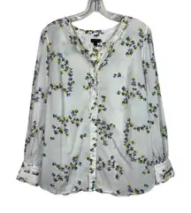 Talbots White Floral Ruffle Detail Button Down Lightweight Blouse Large L Cotton