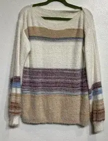 Shop Wanna B Cream Striped Fuzzy Sweater Sz M