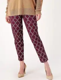 New Womens Isaac Mizrahi Live! Stretch Maroon Red Gold Foil Leaf Pants 2T 2 Tall