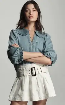 Anthropologie‎ PILCRO Low-Slung Pleated Skirt white corduroy belted y2k sexy