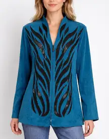 VTG Bob Mackie Wearable Art Teal Sequin Leaf Print Zip Front Jacket Blazer 1X