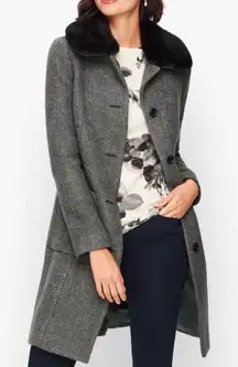 TALBOTS Boucle Wool Blend Coat Grey Faux Fur size Small Petite‎