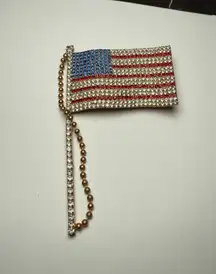 American Flag On Pole 5 7/8” Rhinestone Brooch Pin Gold Tone Large