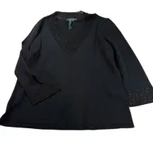 Lauren Ralph Lauren Womens Black Embellished V Neck Knit‎ Top Blouse XL